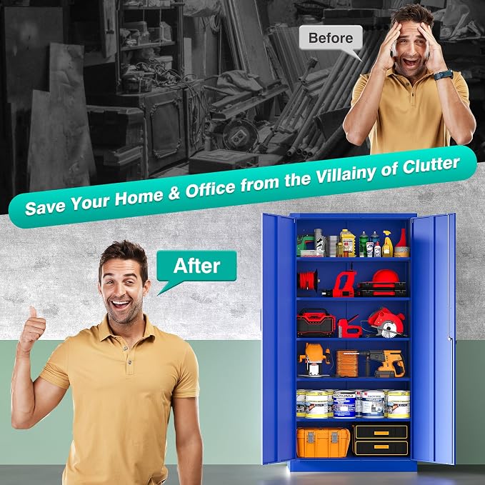 Blue Metal Storage Cabinet with 6 Shelves,71" Garage Storage Cabinet with Lock,6 Tier Steel Cabinets with Locking Doors,Lockable Cabinets for Home,Office,Shop,Garage