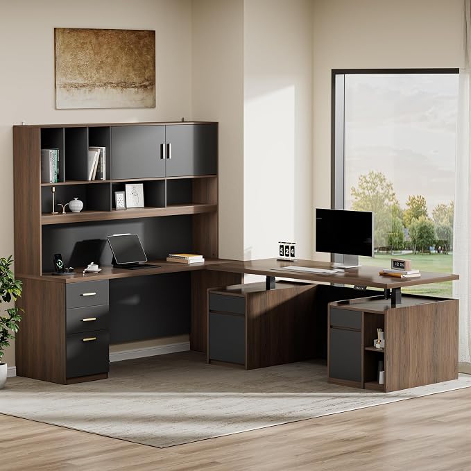 71'' Executive Standing Desk with Hutch, Power Outlet | Computer Desk with Hutch, Adjustable Dual-Workstation with Storage, Privacy Panel, Whole Piece Desktop, Black Walnut