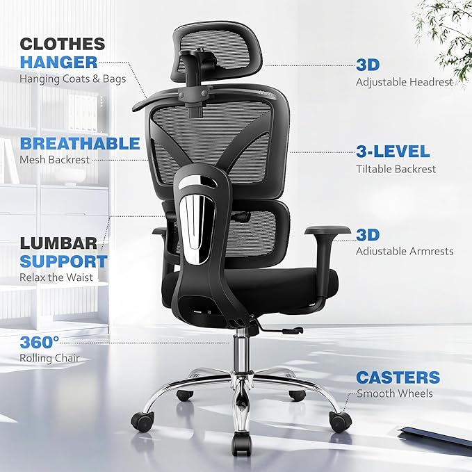 Ergonomic Office Chair, High Back Mesh Desk Chairs Comfy with Adjustable Lumbar Support, Home Computer Gaming Chair with 3D Headrest for Long Hours, 4 Pack