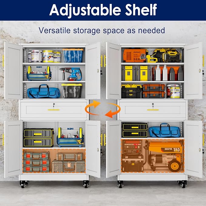 erosoei 75" H Metal Garage Storage Cabinet, Rolling Tool Cabinet | with 2 Doors and Wheels, Locker Steel Cabinet with 4 Adjustable Shelves and Drawer, Organization Cabinet for Garage,Gym
