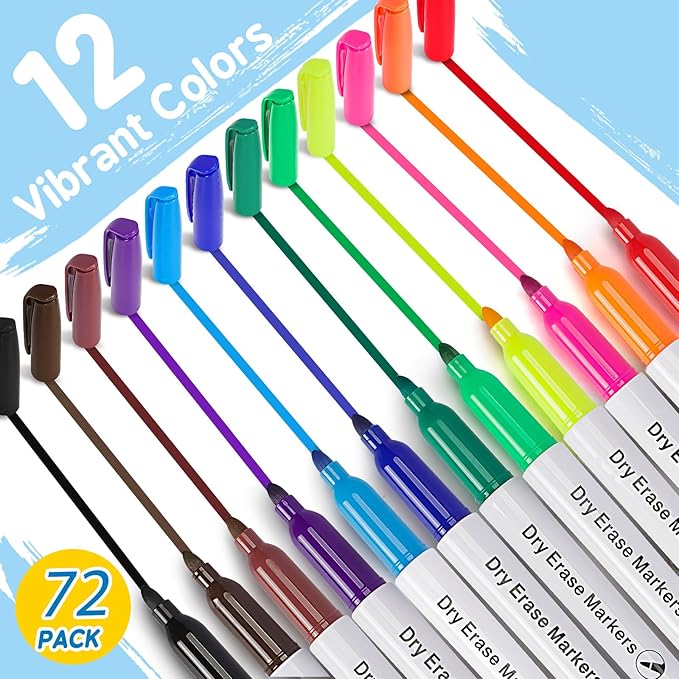 Duchong 72 Count Dry Erase Markers Bulk, 12 Assorted Colors, Fine Tip Whiteboard Markers, Dry Erase Pens Bulk Pack for Classroom Home, Back to School Supplies