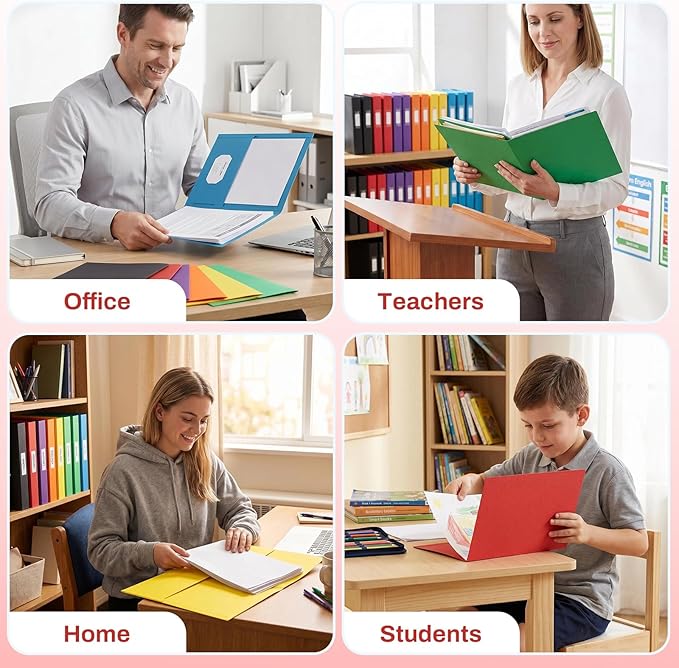 SUNEE Two Pocket Folders, 100 Pack File Folders with Business Card Slot, Textured Paper, Fit Letter Size Paper, Paper File Folder for School Office Home Business, Red
