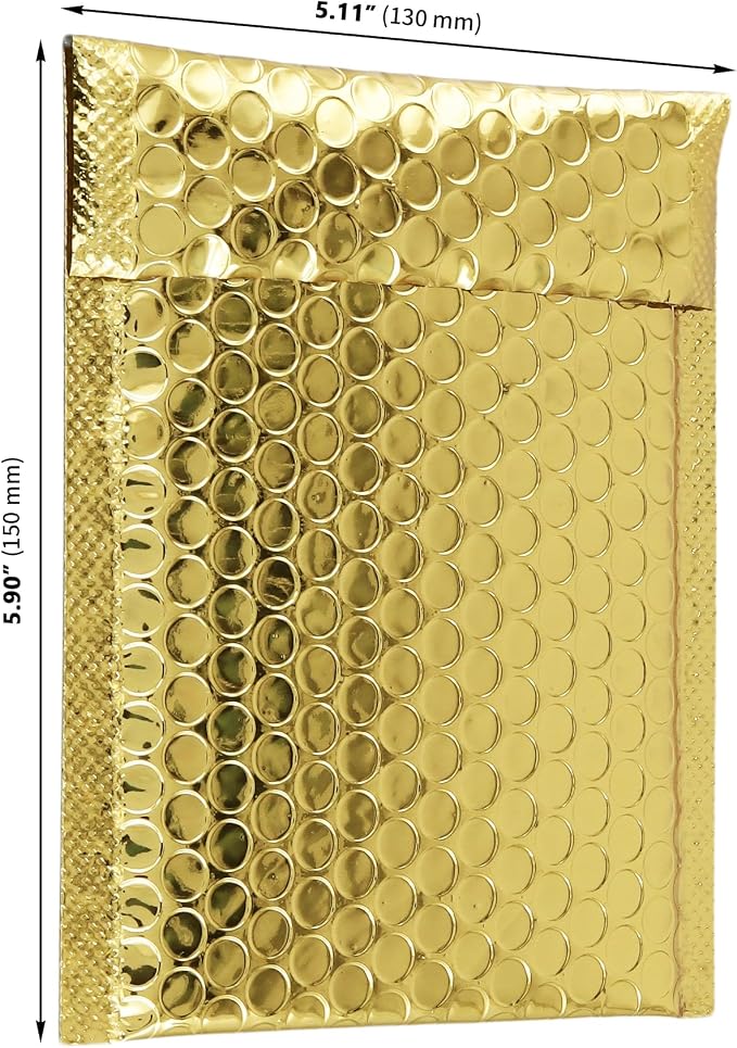 100 PCS 5 x 6 Inch Metallic Bubble Mailers, Gold Padded Mailing Envelopes | GINLANK Practical Self Seal Aluminum Film Shipping Envelopes for Packing, Mailing