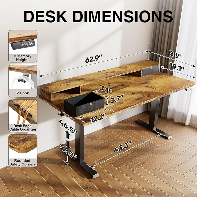 Veken 63x28 in Electric Standing Desk with Drawers, Adjustable Table, Brown | Stand up Computer Desk for Home Office, Work & Study, with Storage, 3 Memory Presets, Cable Organizer, Hook, and Quiet Lift.
