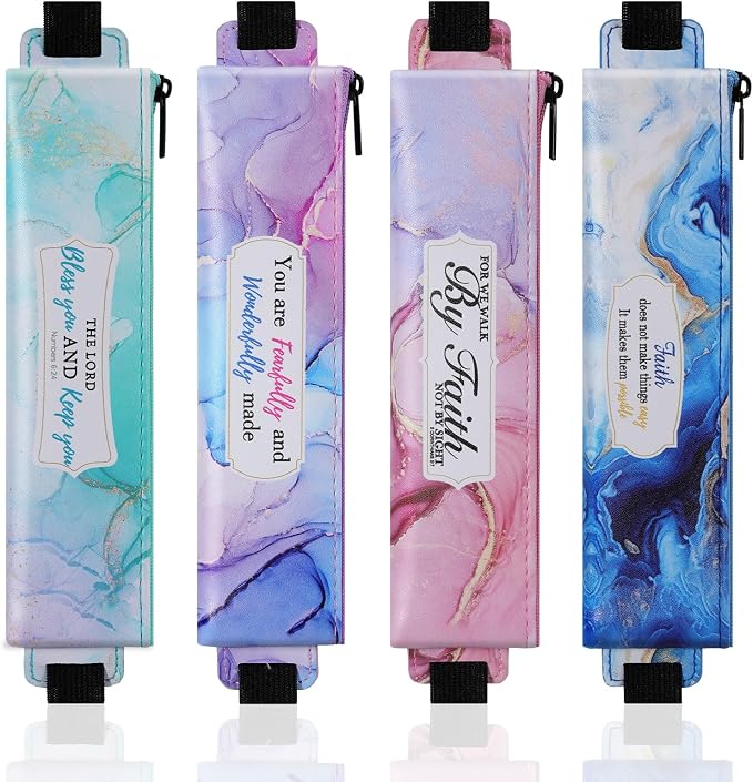 MoKo Elastic Pen Holder for Notebook, 4 Pack PU Leather Pouches, Marble | Adjustable 7.5–14.6 in bands secure the zippered pouches; each 7 × 2.2 in case holds at least 3–4 pens.