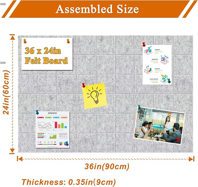 Large Square Felt Cork Board Tiles, Self Adhesive DIY Felt Bulletin Board Pin Board with 35 Pushpins for Office School Home Wall Decor Stickers Memos Photos Display (Light Grey)