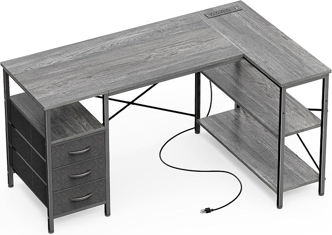 Huuger L Shaped Office Desk with Power Outlets & 3 Drawers | 47 Inch Computer Desk with Shelves, for Gaming, Corner Work, Home Office, Study, Grey