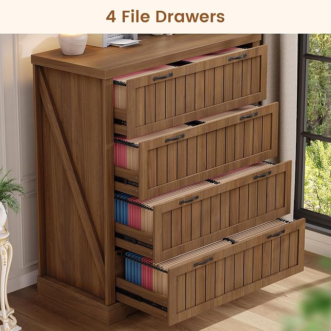 SEDETA Farmhouse 4 Drawer File Cabinet, Filing Cabinet for Home Office, Wood Office File Cabinets for Letter/Legal/A4 Size, File Cabinet Organizer with Printer Stand for Study Room, Living Room, Brown