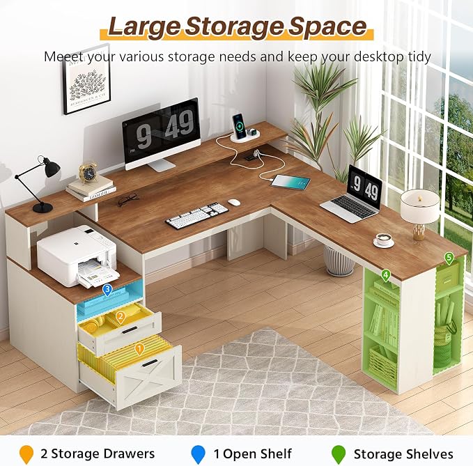 63" Farmhouse L Shaped Desk with Drawers & Storage Shelves for Home Office | Corner Desk with Outlets & LED Lights, L Shaped Office Desks with File Drawer, Printer Shelf, Monitor Stand, Antique White