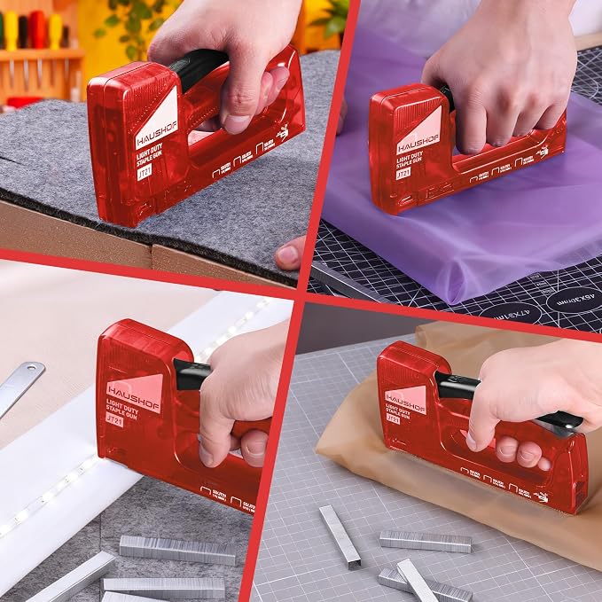 HAUSHOF Light Duty Staple Gun, Upholstery Staple Gun with 800PCS JT21 Staples and Stapler Remover, Fits JT21 Staple of 1/4'', 5/16'' & 3/8'', Used for Wood, Classroom, Crafts, DIY (Red Transparent) | Upholstery Staple Gun Fits JT21 Staple of 1/4'', 5/1...