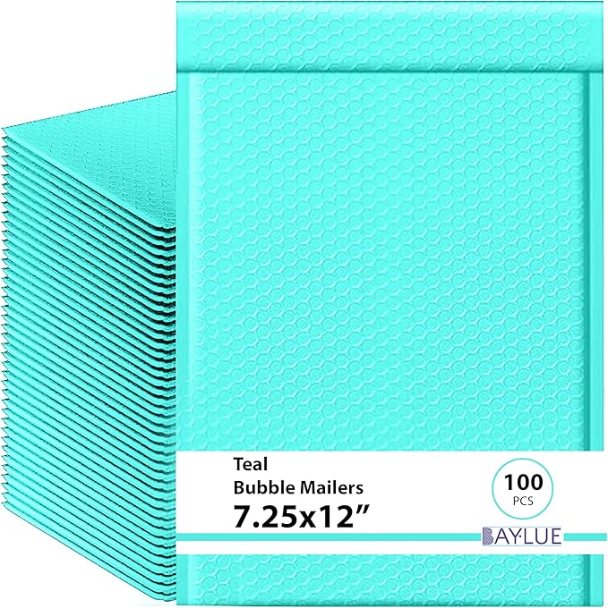 Teal 7.25x12 Inch Poly Bubble Mailers #1 | Self Seal Padded Envelopes | Air Cushioned Bubble Mailer | Usable Size 7.25x11 Inch | 100 Pack Bulk | Waterproof | Lightweight Mailing Shipping Bags