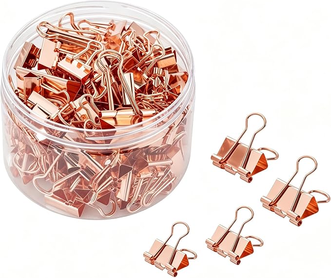 Binder Clip Paper Clamps, Assorted Sizes (Mini, Small, Medium, Large), 100 Pcs Clips for Office School Supplies (Rose Gold)