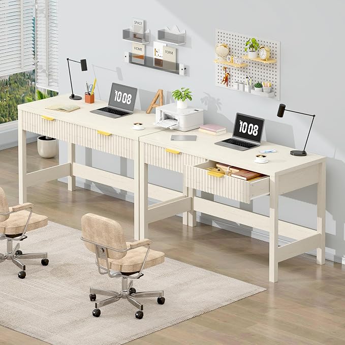 47 Inch Small Fluted Computer Desk with 2 Drawers for Bedroom, Home Office | Small Computer Desk with Storage for Bedroom, Compact Writing Study Desk for Small Spaces, Warm White
