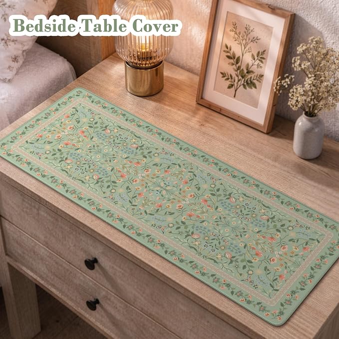 iCasso Aesthetic Floral Desk Mat,31.5x11.8in Mouse Pads,Light Green | Anti-Slip Mousepad with Stitched Edges, Waterproof Computer Pad, Desk Accessories Office Decor for Women