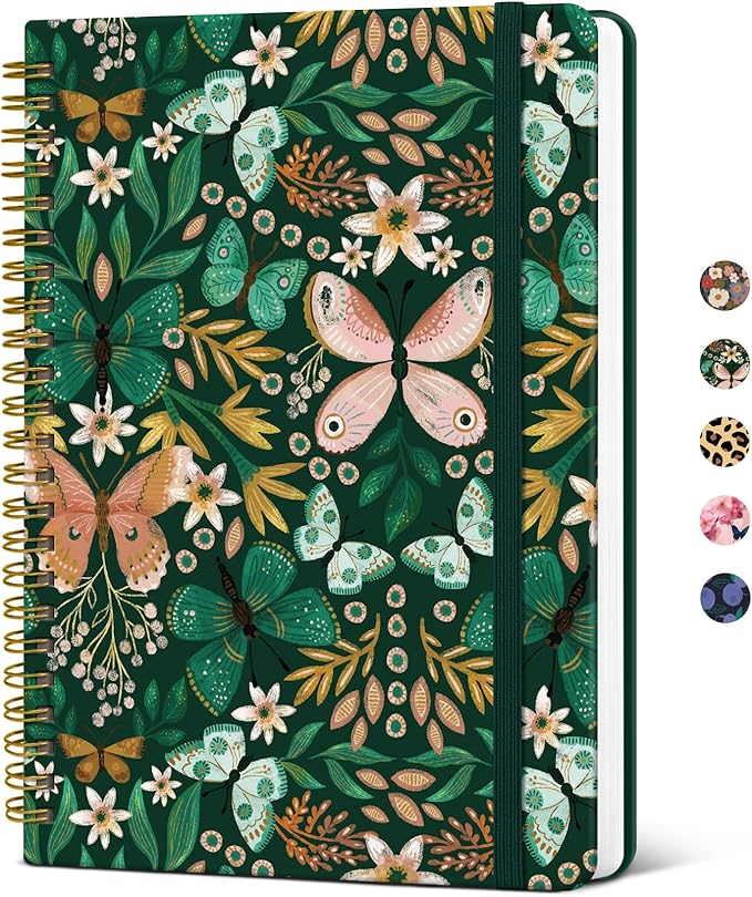 Taja Spiral Journal Notebook for Women, Pretty Hardcover Lined Notebook for Work & Note Taking, Aesthetic Cute Journal for Writing, 140 Pages, 5.8"x8.3", Butterfly