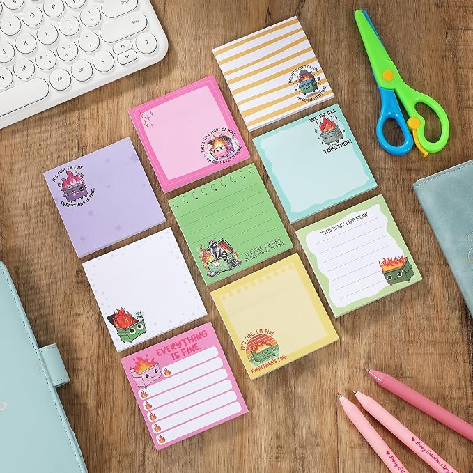 9 Pads Dumpster Fire Sticky Notes, 3x3 Inch Cute Stick Notepads | Adhesive Memo Notes Pad, Coworker Gifts, Office Supplies Decor, Desk Accessories for Students, Teacher, Meeting