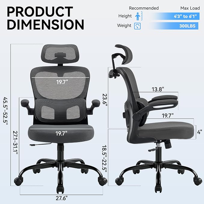 Office Chair Ergonomic Desk Chairs with Adjustable Lumbar Support& Headrest Hanger, High Back Breathable Mesh Chair with Wheels, Rolling Swivel Comfy Task Computer Chair for Home Work Gaming