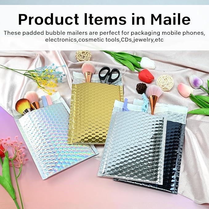 50 Pcs Metallic Bubble Mailers Holographic Bubble Mailers 6 x 9.4 Inch Self Seal Waterproof Shipping Bags Self-Seal Adhesive Poly Padded Envelopes for Mailing Packaging Small Business