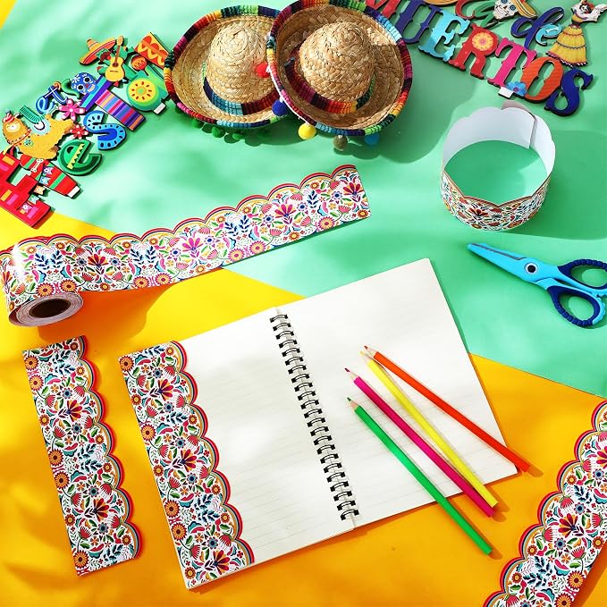 32.8 Ft Spanish Bulletin Board Borders Mexican Scalloped Trim | Fiesta Trim for Classroom Office, Hispanic Heritage Displays, Rainbow Floral Scalloped Edge, Party Wall Decoration Supplies