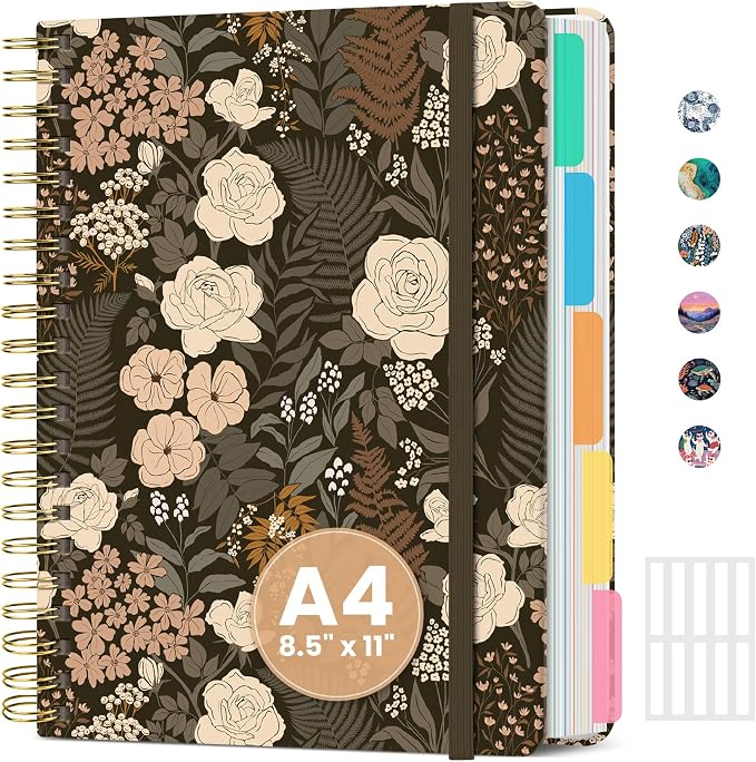 ZOTIA Large Spiral Notebook for Work, 8.5" x 11" Journal for Women, Cute 5 Subject Notebook with Removable Dividers & Tabs, College Ruled Lined Journal for Office and School, 280 Pages, Wild Rose