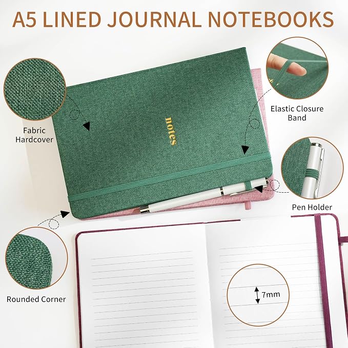 A5 Lined Journal Notebook, Fabric Hardcover | 100GSM Paper 160 Pages, 5.7"x8.39" College Ruled Journaling, Elastic Band & Pen Loop, for Work, School Note Taking (Red)