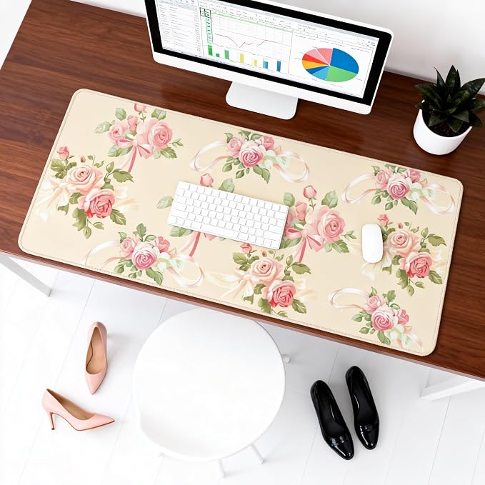 Cute Floral Aesthetic Rose Gaming Mouse Pad, Pink Macaron Desk Mat with Anti-Slip Base & Stitched Edges, Computer Keyboard & Laptop Pad, 35.4" x 15.7" in in Workstation Accessories
