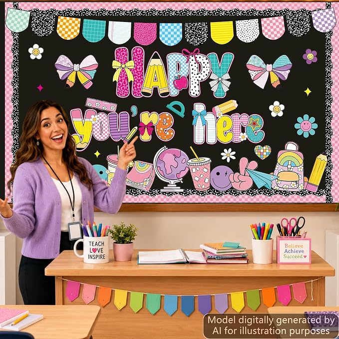 Back to School Bulletin Board Decorations Composition Notebook Classroom Decor Happy You're Here Bulletin Board Smile Face Pencil Paper Cutouts for Classroom Chalkboard Wall Decor Teacher Supplies