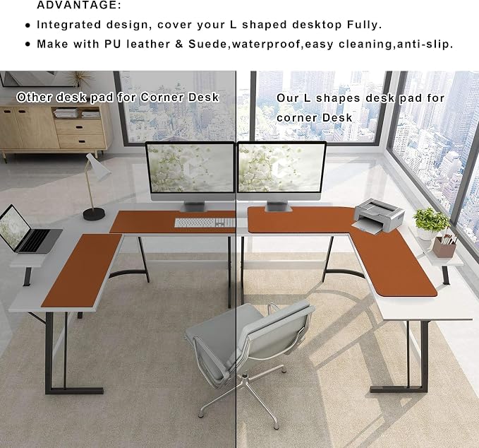 ZORESYN L Shaped Desk Mat 39.4"(L) x 39.4"(S) x 13"(W), Computer Corner Desk Pad, Large Waterproof PU Leather Mouse pad for Corner Desk, Writing Desk Pad Protector - Light Brown