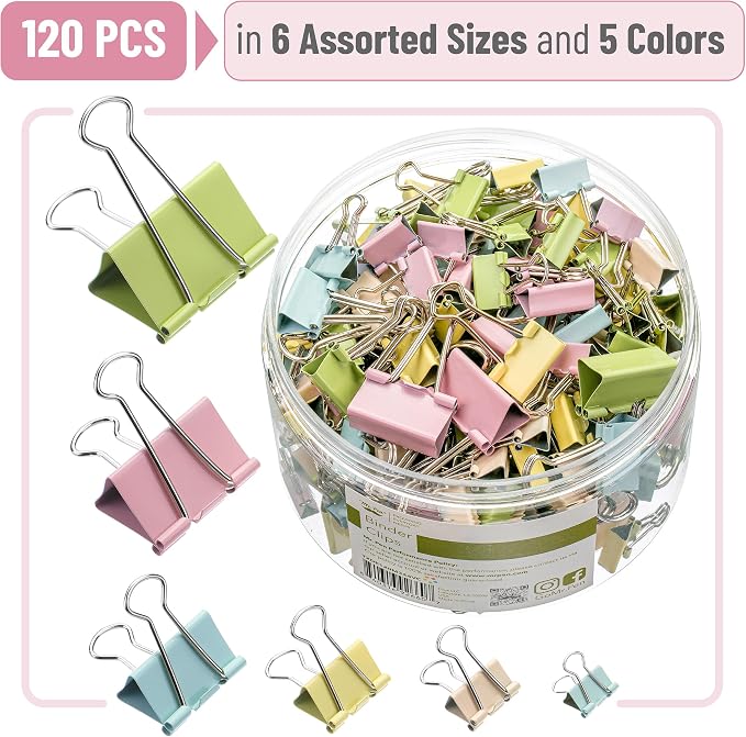 Mr. Pen- Binder Clips, 120 pcs, Assorted Sizes, Colored Binder Paper Clips | Bulk Paper Clamps for Office Supplies, Home, School, Business, Document Organizing