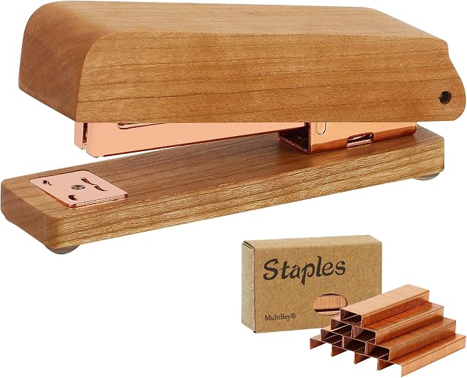 MultiBey Natural Cherry Wood Desk Stapler - 25 Sheet Capacity | Jam-Free Desktop Stapler with 1000 Staples, Retro Woodgrain Stapler Desk Accessories for Office, Home