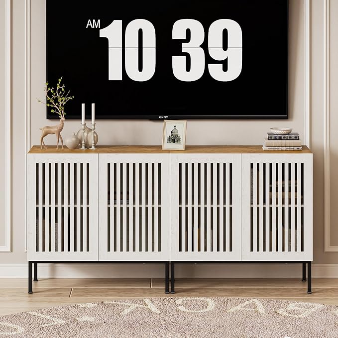 BVIUNTWO Set of 2 White Farmhouse Buffet Cabinet with Storage,Metal Base Console Table with Adjustable Shelves & 4 Doors, Antique White Sideboard for Kitchen, Dining Room, Living Room