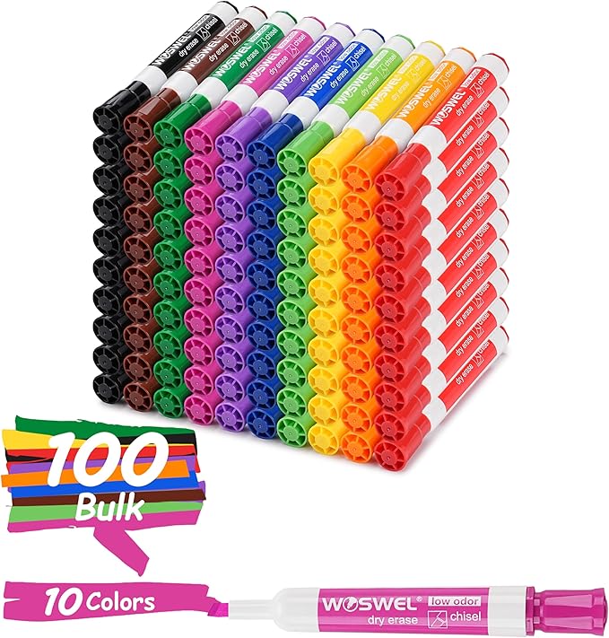 WOSWEL Dry Erase Markers, Chisel Tip Whiteboard Markers, Low Odor Thick Dry Markers, 100 Bulk 10 Assorted Colors for Teachers, Classroom, Office & Home Use