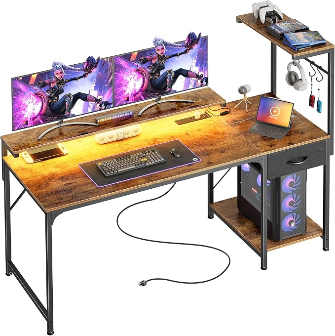 55.1 Inch Gaming Desk with LED Lights & Power Outlets | Computer Desk with Drawer & Storage Shelves, Office Writing Desk with Monitor Stand for Work from Home, Rustic Brown