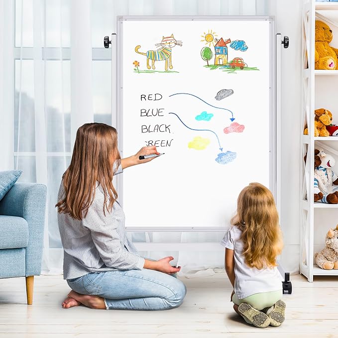 Maxtek Rolling White Board 44 x 28in,Height Adjustable Whiteboard on Wheels | Mobile Easel Large Magnetic Portable Double-Sided Dry Erase Board with Stand for Classroom, Home, School, Office and Teachers
