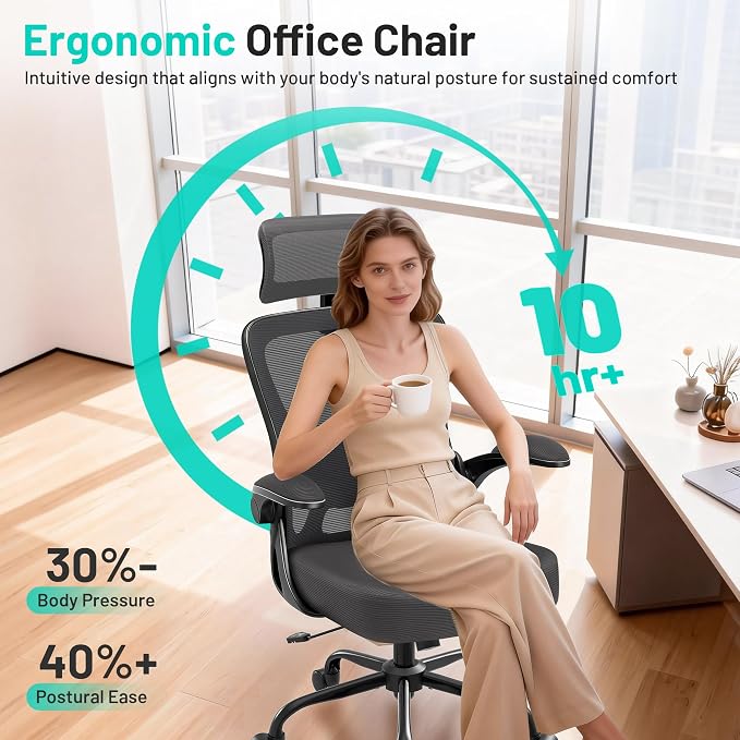 Office Chair - Ergonomic Desk Chair Breathable Mesh Chair with 2D Headrest & Adjustable Lumbar Support - Executive High Back Rolling Swivel Computer Gaming Chair with Wheels Flip-up Armrests