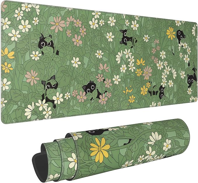 Green Wild Grass Flower Desk Mat,Black Cat Large Mouse Pad,31.5x12in | Cute Kitty Extended Gaming Keyboard Mat,XL Kawaii Anime Plant Mousepad with Non-Slip Base and Stitched Edge,80 x 30 cm