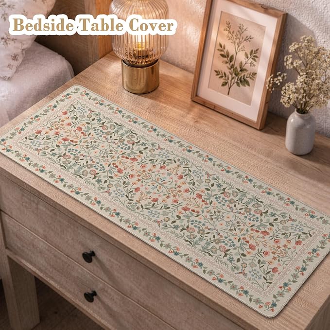 iCasso Aesthetic Desk Mat,31.5x11.8in Mouse Pads,Beige Floral | Anti-Slip Mousepad with Stitched Edges, Waterproof Computer Pad, Desk Accessories Office Decor for Women