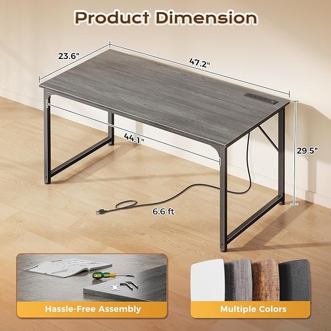 47 X 24 Inch Deeper Desk with Power Outlets | Computer Desk for Bedroom, Office Desk for Work from Home, Writing Study Gaming Table, Stable Metal Frame, Grey