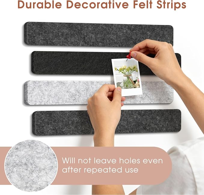 DOLLAR BOSS 10-Pack 13"x2" Felt Board Strips, Classic Grayscale | Small Cork Board for Walls, Alternative Bulletin Pin Board, Bar Strip, For Office Home Door Fridge, Includes 40 Pins