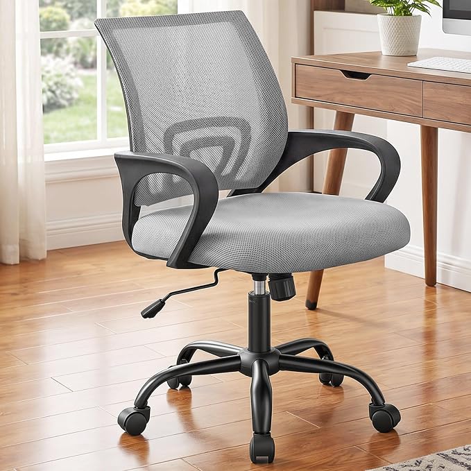 DUMOS Ergonomic Office Chair, Executive Desk Chair with Lumbar Support | Mid Back, Breathable Backrest, Fixed Armrest, Height Adjustable, 360° Swivel, Computer Gaming, Meeting, Grey