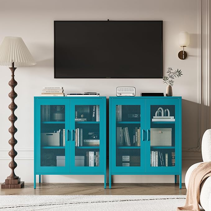 Chshin Metal Locker Storage Cabinet with 2 Mesh Doors and Adjustable Shelves,Blue Metal Locker Cabinets,Coffee Bar Cabinet,Kitchen Pantry Storage Cabinets for Home,Sideboard,Office(40" H)