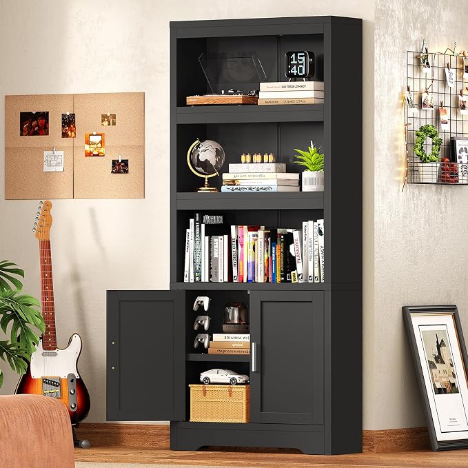 Book Shelf and Bookcase with Doors, 5-Tier Display Storage Cabinet with Adjustable Shelves, Open Compartments, Remote Control LED Lights, Tall cabinet for Bathroom Kitchen Living Room, Home Office