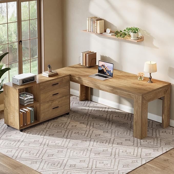 Tribesigns 63" L Shaped Desk with Storage, Executive Office Desk with Mobile Lateral File Cabinet Combo, Large Computer Table with Drawers and Shelves, Business Furniture Set for Home Office, Brown