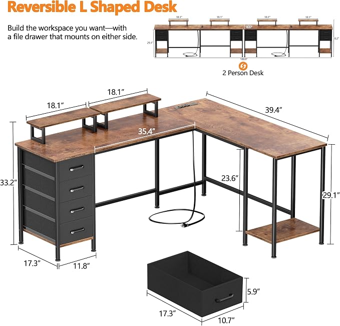 Korfile 66 inch L Shaped Computer Desk with Power Outlets, Rustic Brown | Ideal for Home Office, Bedroom, Corner, 4 Adjustable Storage Drawers, 2 Monitor Stands, Reversible, Two Person Gaming Table