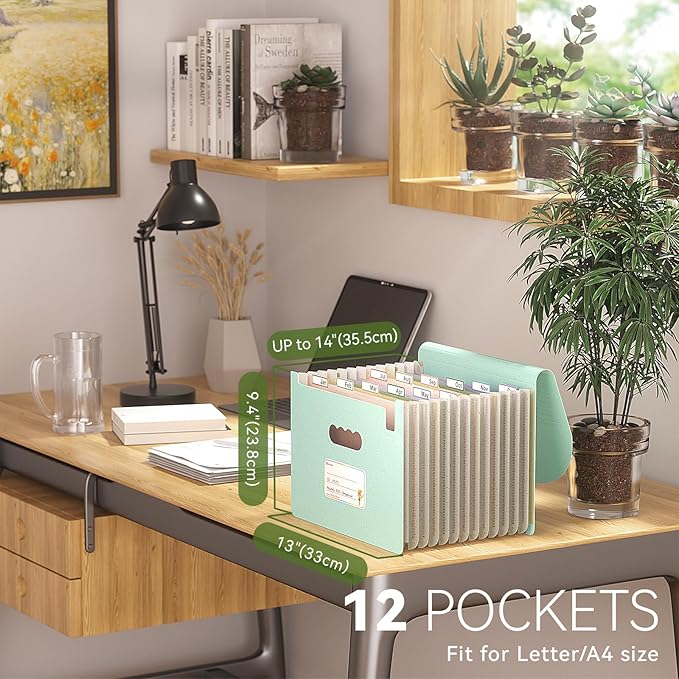 Accordion File Organizer, 12-Pocket Wheat Straw Expanding File Folder, Portable Monthly Bill & Tax Receipt Organizer, Letter/A4 Size Document Holder with Colorful Tabs-Mint Green