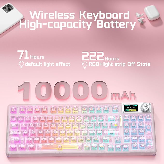 Aula F98Pro V3 Wireless Mechanical Gaming Clear Keyboard with Screen & Knob | Triple-Mode Hot Swappable, Gasket Mount Linear Switches, Clear Keycaps RGB Backlit, TFT Screen 10000mAh Battery for PC/Office