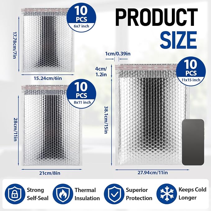 30 Pack 3 Sizes Insulated Bubble Mailers, Silver | Self Adhesive Closure, Foil Lined Interior, Padded Cushioning, Waterproof, Cold Delivery Packing, for Food and Cosmetics