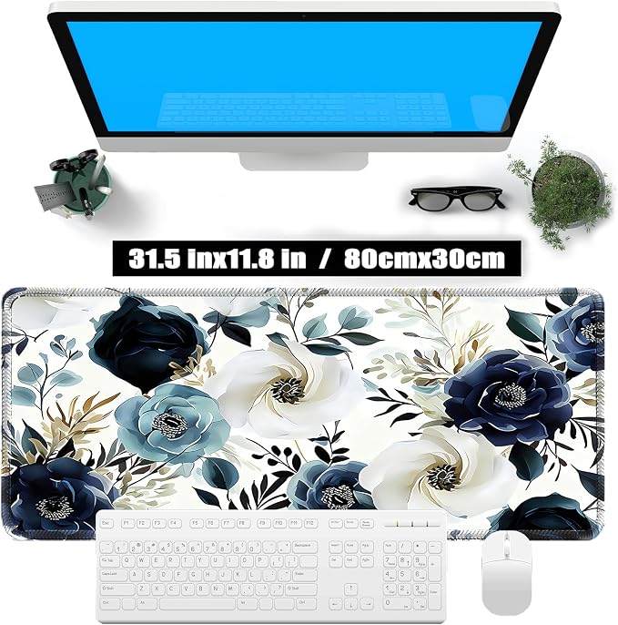 Blue Floral Mouse Pad,Large White Flowers Desk mat(31.5"x11.8"in) | Large White Flowers Desk Mat, Non-Slip Base, Micro-Woven Fabric, Stitched Edges, Office Computer