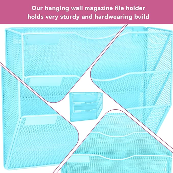 3 Pockets Mesh Wall File Holder Organizer Office Hanging File Folder Magazine Rack, Nametag Label Hooks Set Included (Blue)