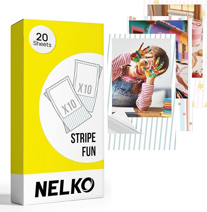 Nelko 52.3x90mm (2.06"x3.54") Premium Photo Paper, 20-Pack Genuine PP01 Pocket Printer Paper, Sticky Back Picture Paper, Compatible with Nelko PP01 Photo Printer, Easy to Peel Off, Stripe Fun